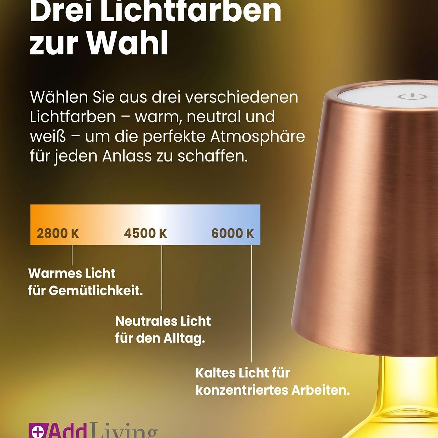 Bottle Light V2442 LED Bottle Lamp, Dimmable Table Lamp Wireless, 3 Light Colours, Touch Function, IP44 Outdoor and Indoor, Metal Housing, Battery Operated