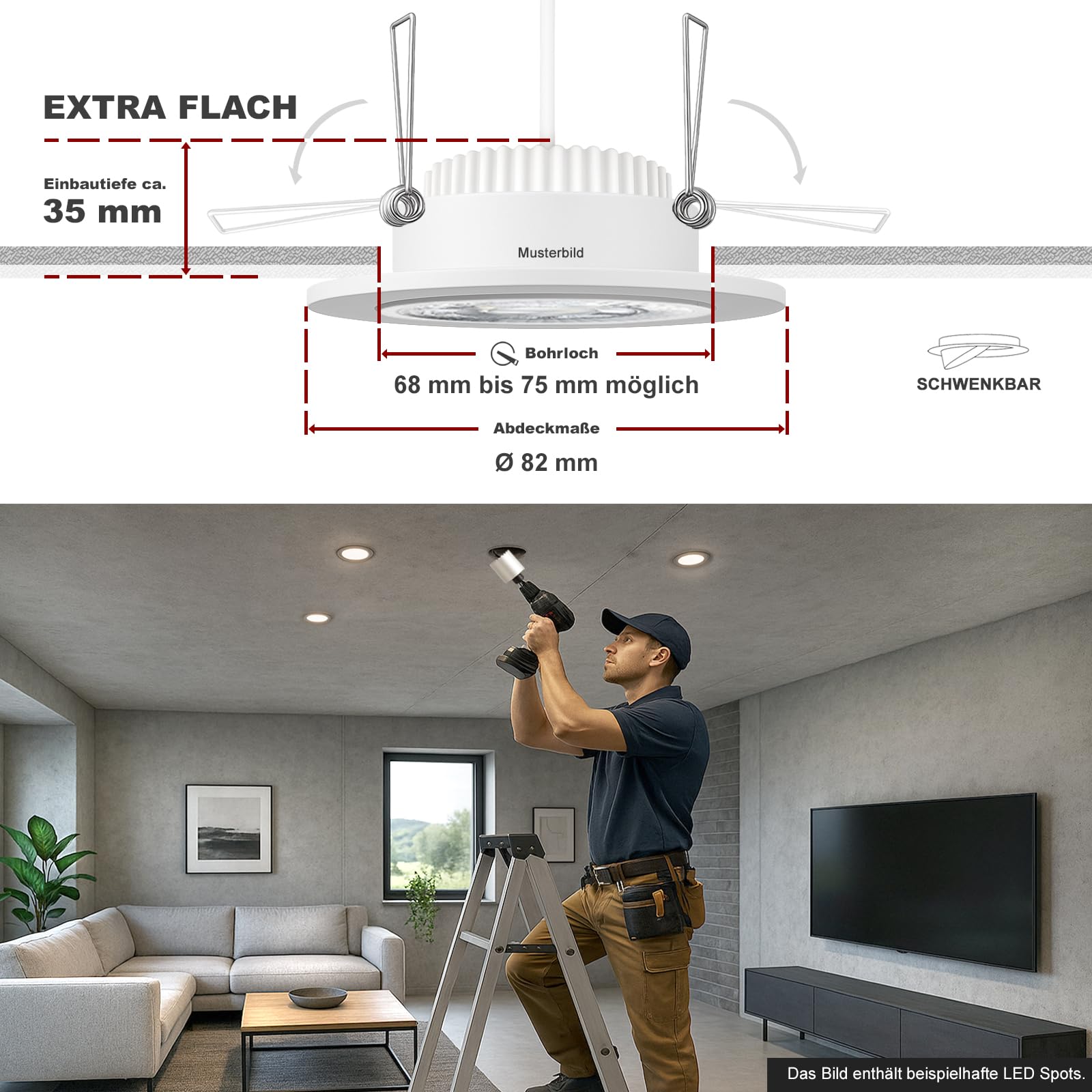 trendlights24 Premio LED Decken Einbaustrahler flach Weiß 230V 5W 5er Set | ultra flach, Einbautiefe 35 mm, LED Spot, Warmweiß, 3000k, 50° Abstrahlwinkel, Decken Einbauleuchte, rund, schwenkbar