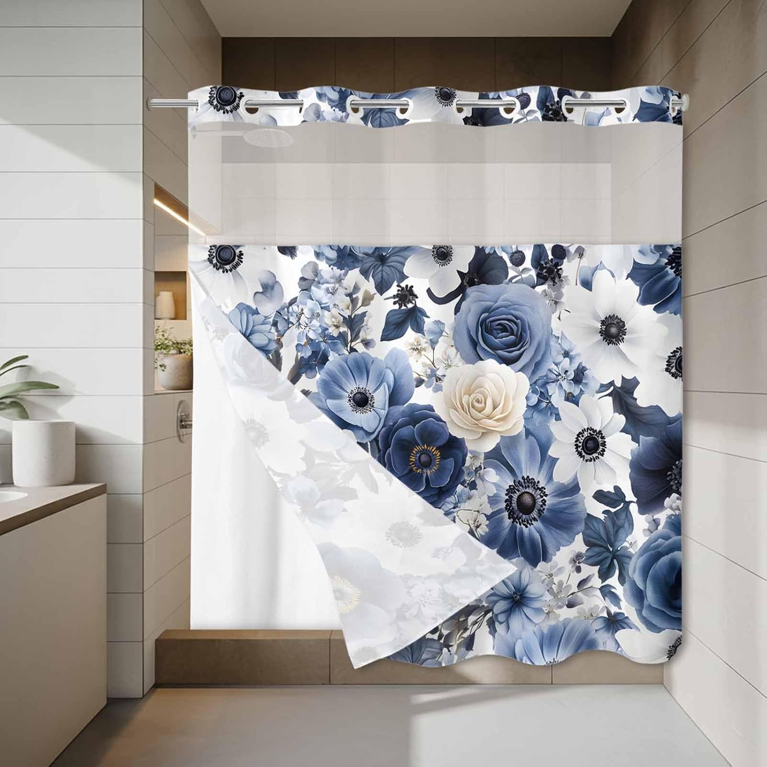 White Blue Spring Floral No Hook Shower Curtain with Snap in Liner Retro White Dark Blue Flower Rose Botanical Farm Waterproof Bathroom Shower Curtain with See Through Top Window for Bathtub 72" x 78"