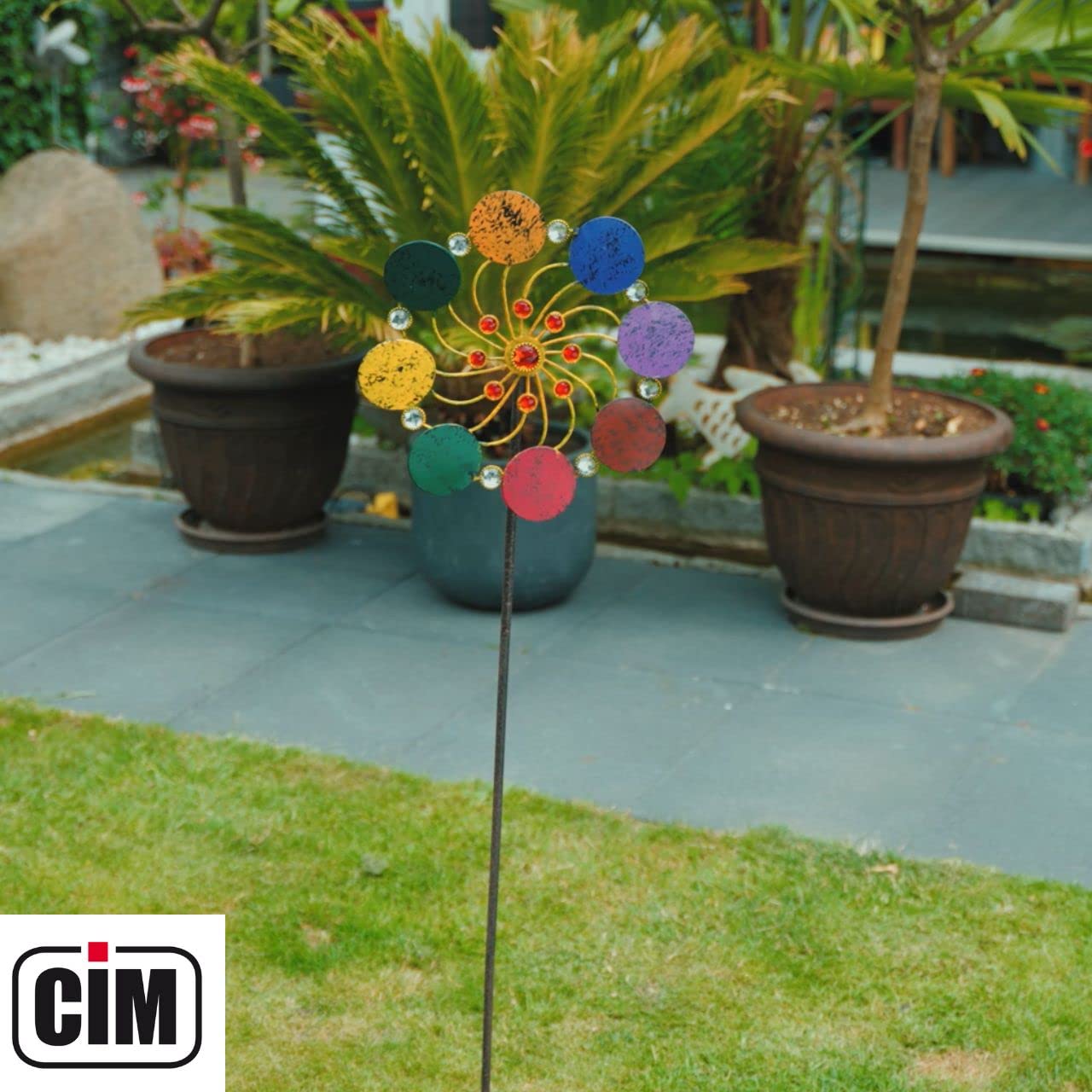 CIM Exotic Flower Rainbow - éolienne métallique à roulement à Billes Résistant aux intempéries avec Tige de Support 3 pièces Ø 34 cm Hauteur Totale : 122 cm