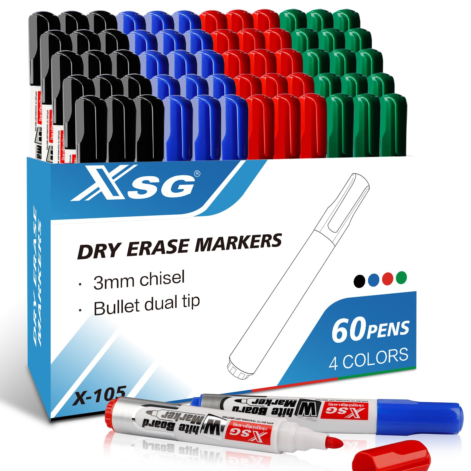 ABEIER Whiteboard Marker, 60 Marker Pens, Dry Wipe Clean, Bullet Tip 3 mm, 4 Colours Whiteboard Pens Bullet Tip Set Perfect for Home Office Pack of 60