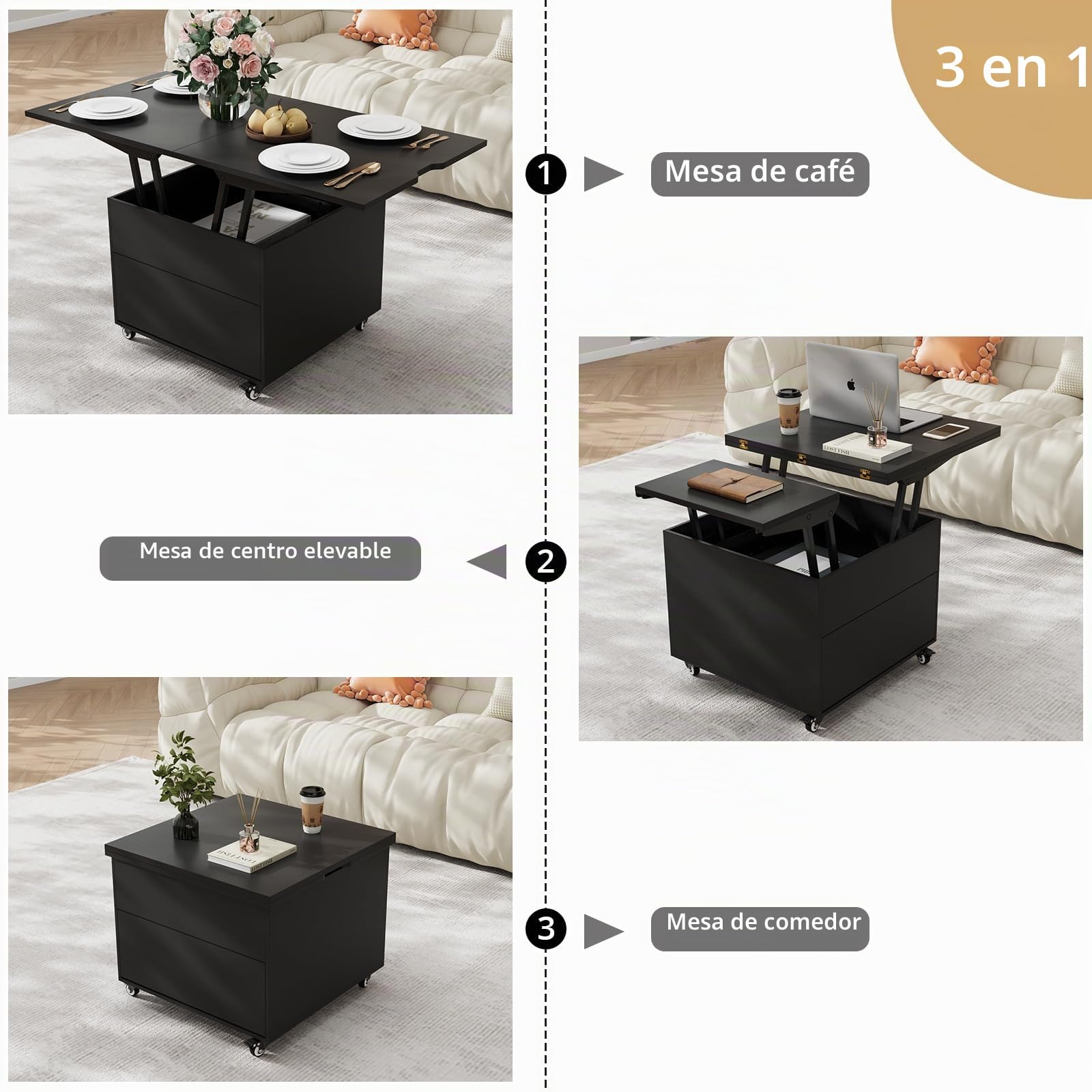 VOWNER Mesa de Centro Elevable Extensible (Negro) | Multifuncional 3 en 1, Convertible en Mesa de Comedor de Salón