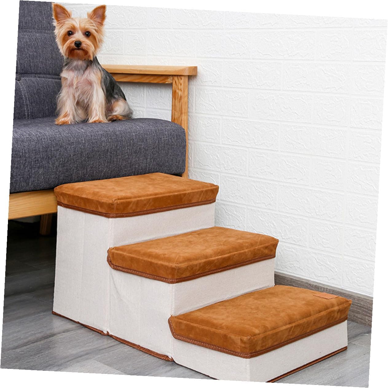 DECHOUS Foldable Pet Ramp Ladder with Storage Box Indoor Dog Stairs for Puppies and Small Dogs Sturdy Non-Slip Pet Steps for High Beds and Couches Brown Compact Design for Seamless Home