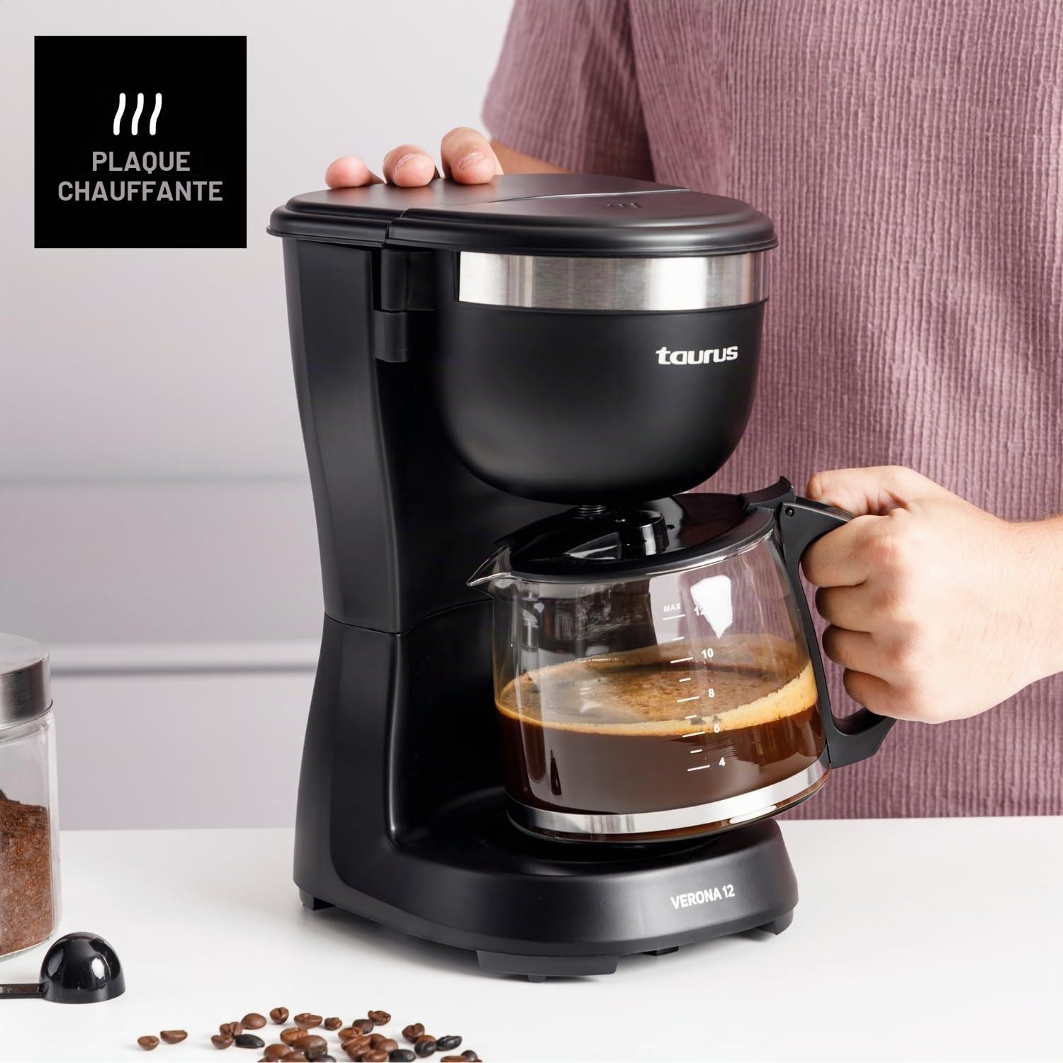 Taurus - Cafetière filtre Verona 12 + 680 W | Capacité 1,25 L, 12 tasses | Filtre permanent lavable | Bec anti-goutte | Sans BPA | Arrêt auto | Compacte | Noir