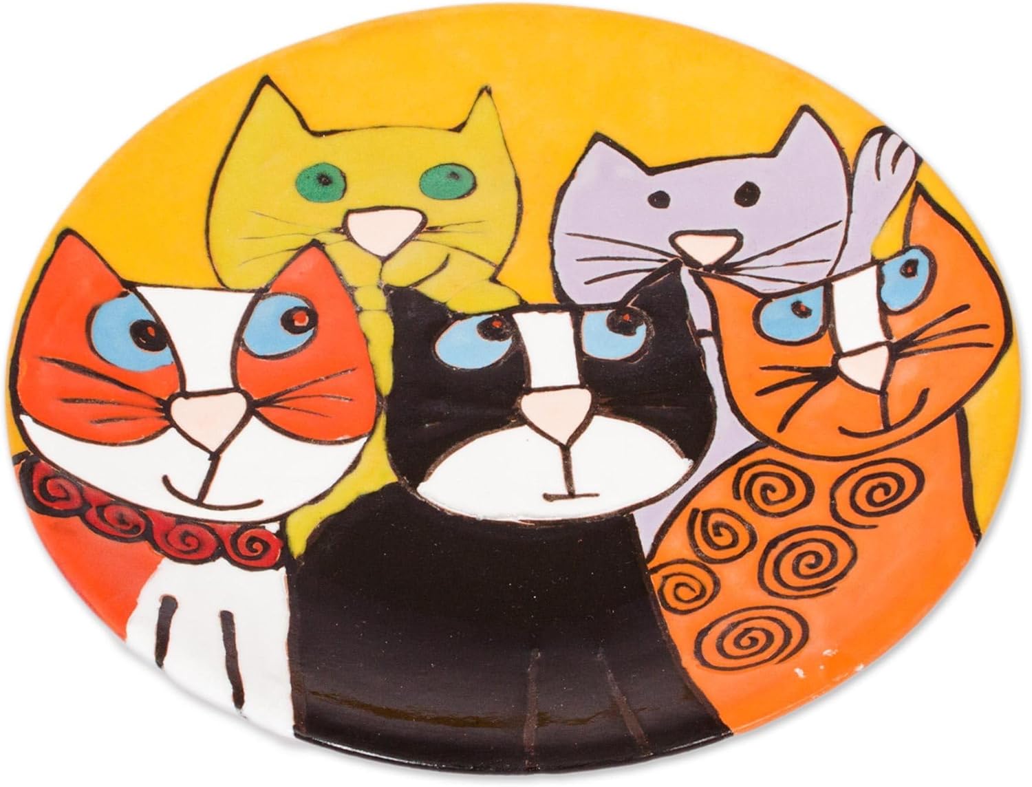 NOVICA Artisan Handcrafted Ceramic Decorative Plate Five Fanciful Cats Multicolor Orange Mexico Wall Art Painted [11.5in H x 11.5in W x 1.3in D] ' Cat Fancy'