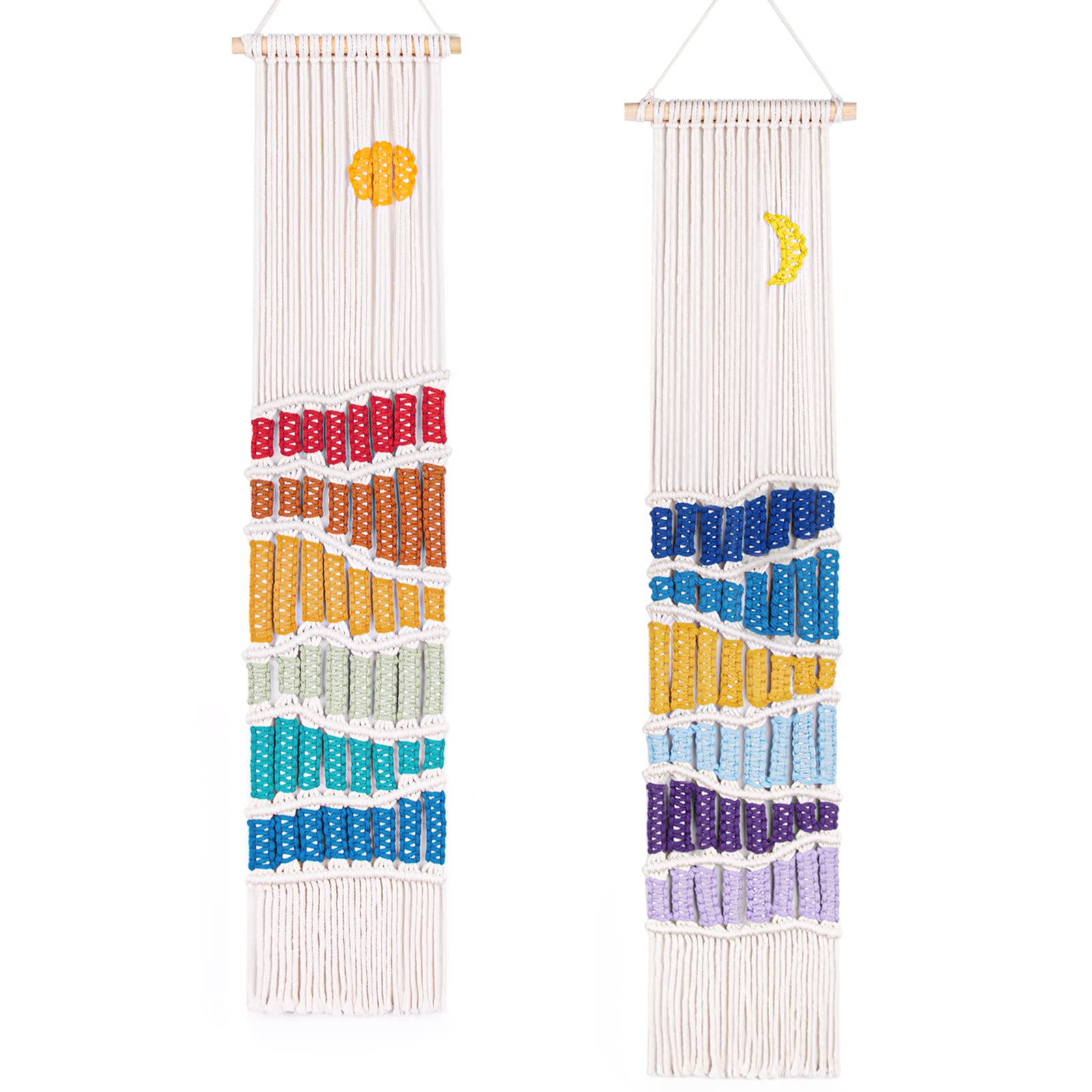 ANROYEBoho Macrame Wall Hanging Decor Set, 2PCS Southwest Bohemian Handmade Woven Sun&Moon Mountain Geography Tapestry with Long Tassel, Gypsy Rainbow Ornament for Nursery Decoration Girl