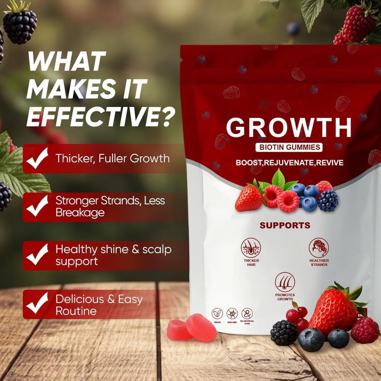 Gummies per Crescita Capelli con Biotina, Collagene & Estratti Vegetali | Supportano la Forza dei Capelli, la Salute della Pelle & delle Unghie, Senza OGM