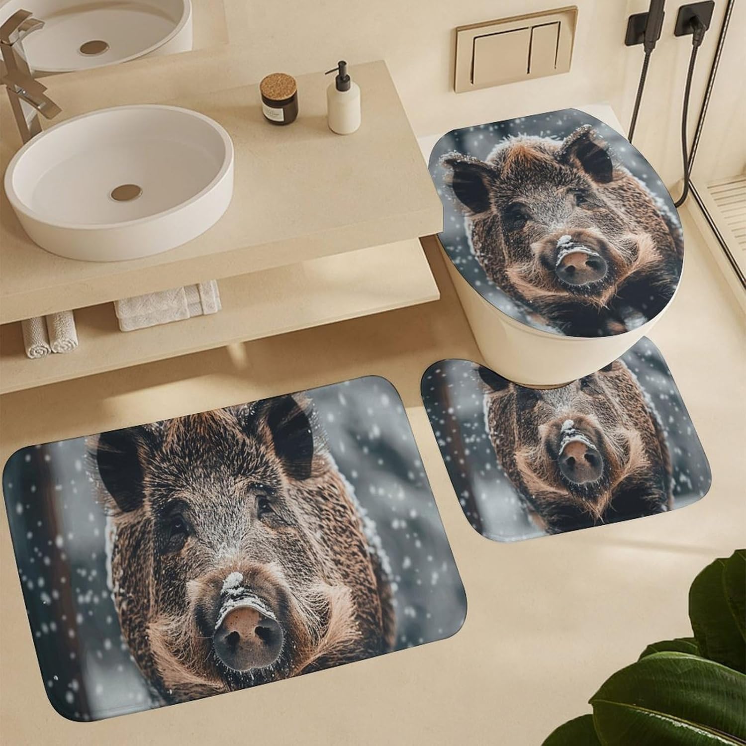 Wild Boar Shower Curtain Set 4 Piece, Non-Slip Bath Mat with Toilet Lid Cover and Waterproof Shower Curtain with 12 Hooks, Complete Bathroom Set for Home Decor