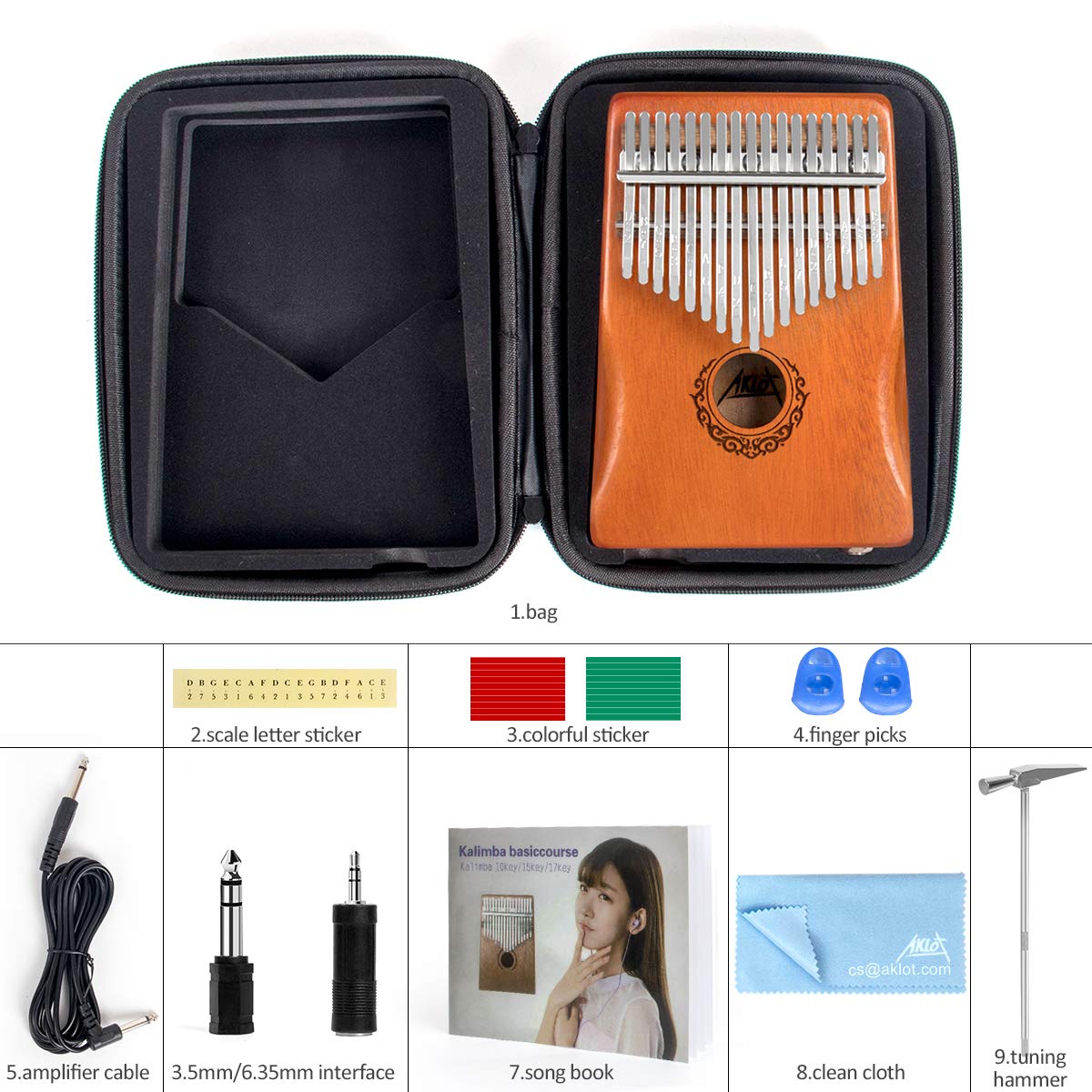 AKLOT 17 Chiave Kalimba elettrico,EQ Kalimbas Thumb Piano Marimba con pickup integrato Set di avvio professionale Kalimba per bambini principianti adulti