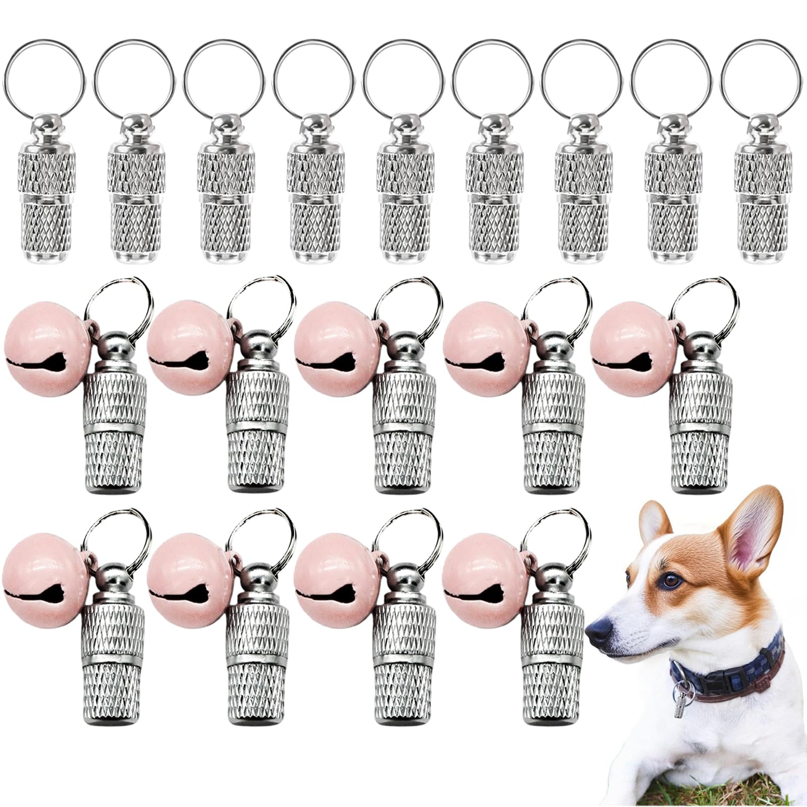 Muiltvoe 9 PCS Pet ID Tag Barrel Tube & 9 9 PCS Silver Anti Lost Pet Tube Tags with Bells, Steel Barrel Gift Supplies Anti-Lost Puppy Label for Collar of Dog Cat, Silver