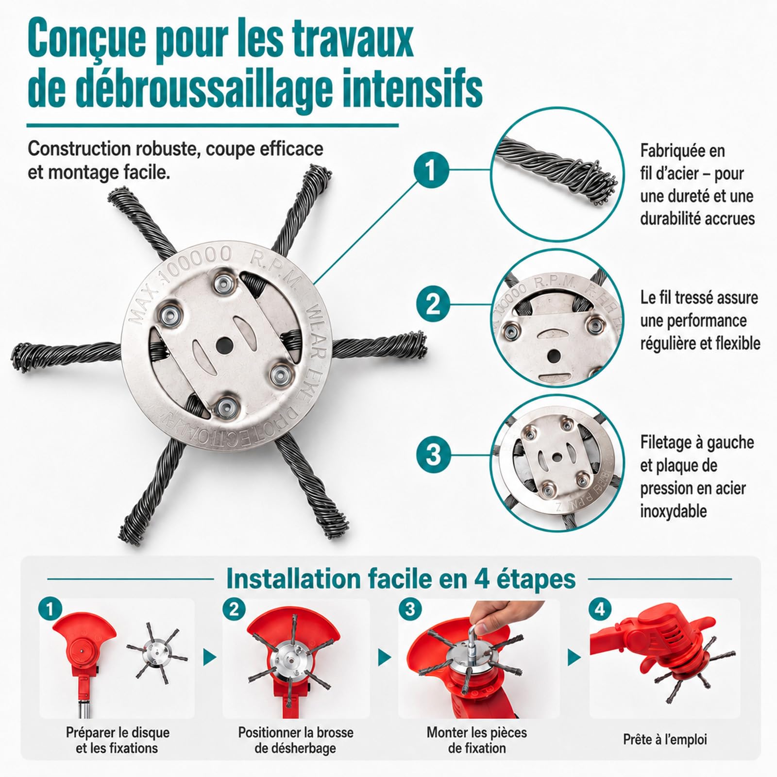 Vultriox pour debroussailleuse Tête de Coupe en Acier 150 mm, Brosse Désherbage pour Débroussailleuse et Coupe-Bordures, Herbe, Mousse et Joints (2, 6 Branches)