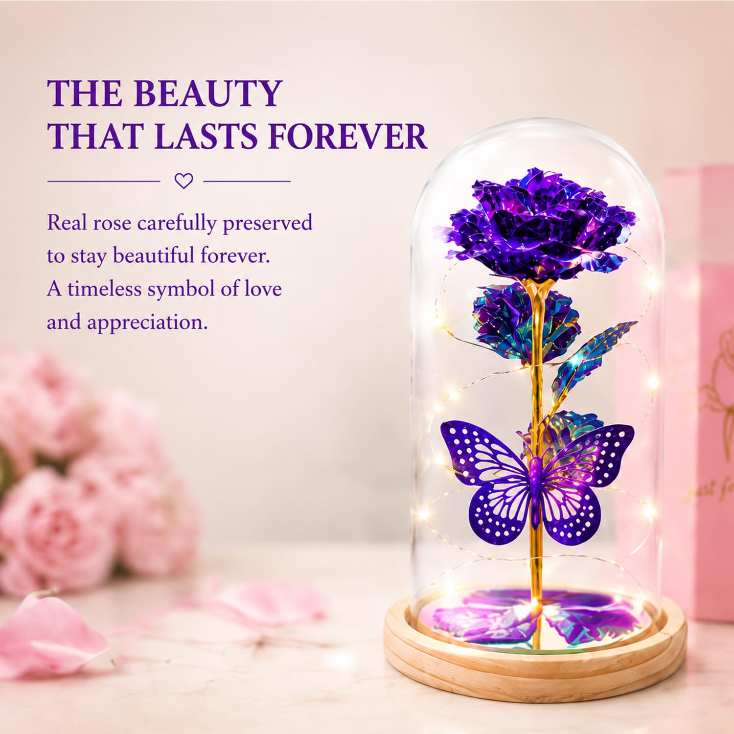 StowBin QUNPON - Flores para el día de la Madre, Regalos de Hija e Hijo, cumpleaños para Mujeres, mamá, Abuela, niñera, Rosa de la Bella y la Bestia en cúpula de Cristal, Artificial para Siempre