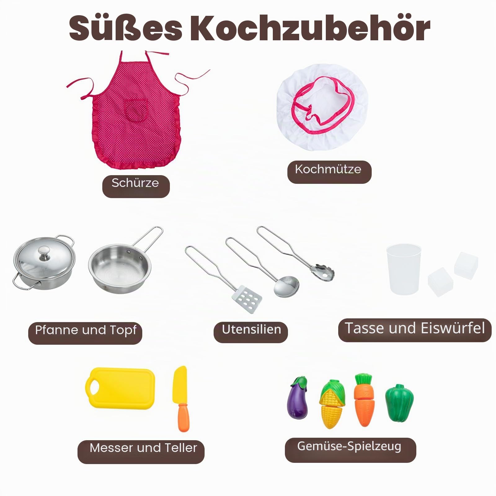 HOMASIS Eck Kinderküche Holz, Spielküche mit Licht, Sound & Dampf, inkl. 16 Zubehör, Spielzeugküche mit Spüle Herd Ofen Mikrowelle Eismaschine Kühlschrank Tafel, Küchenspielset für ab 3 Jahren (Braun)