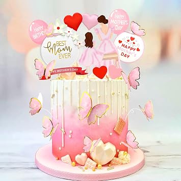 23PCS Happy Mothers Day Cake Topper Pink Red Heart Flower Butterflies Mum Daughter Silhouette Best Mum Ever Cake Decorations for Birthday Mothers Day Cake Party Decorations Supplies