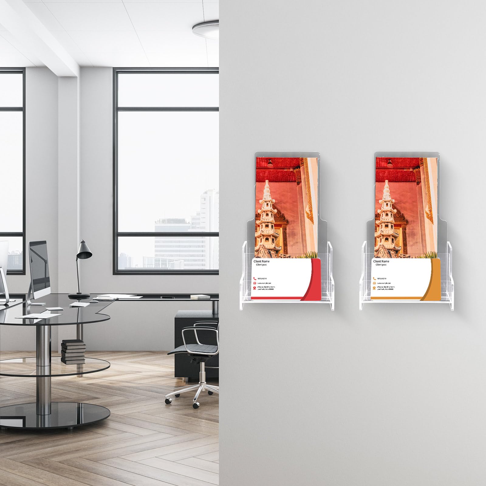 Paquete de 4 soportes acrílicos para folletos de 4 x 9 pulgadas con soporte para tarjetas de visita, soporte de exhibición de folletos de plástico, soporte de pared transparente para folletos,