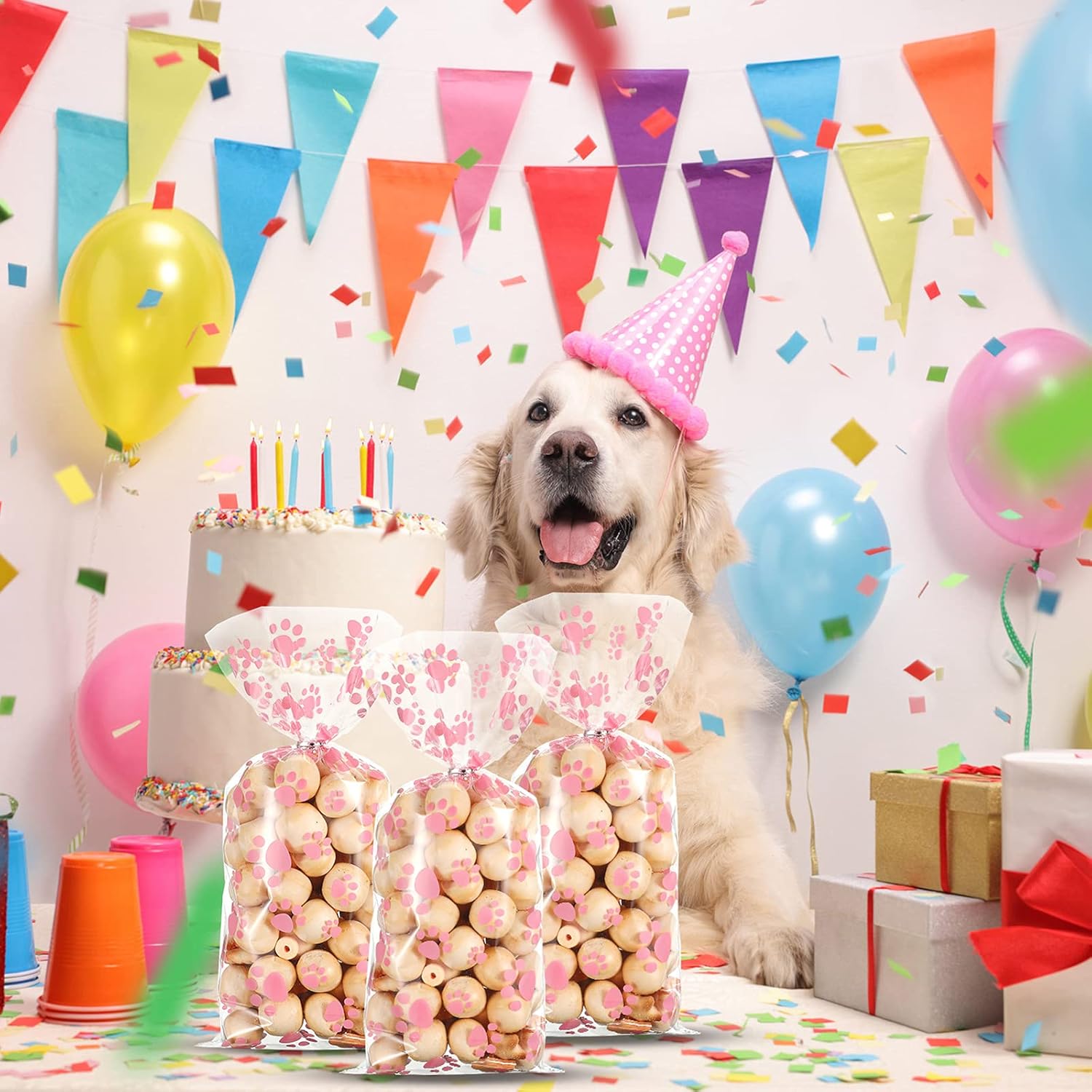 100 Pieces Pet Paw Print Cone Cellophane Bags Heat Sealable Candy Bags Dog Paw Gift Bags Cat Treat Bags with 100 Pieces Silver Twist Ties for Pet Treat Party Favor/ (Pink) : Pet Supplies
