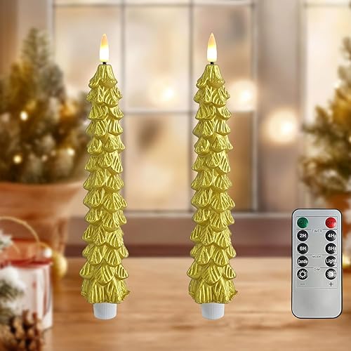 Miniatura 10 de Velas sin llama parpadeantes de árboles de Navidad de color verde oscuro con control remoto y temporizador, velas LED de cera real con mecha