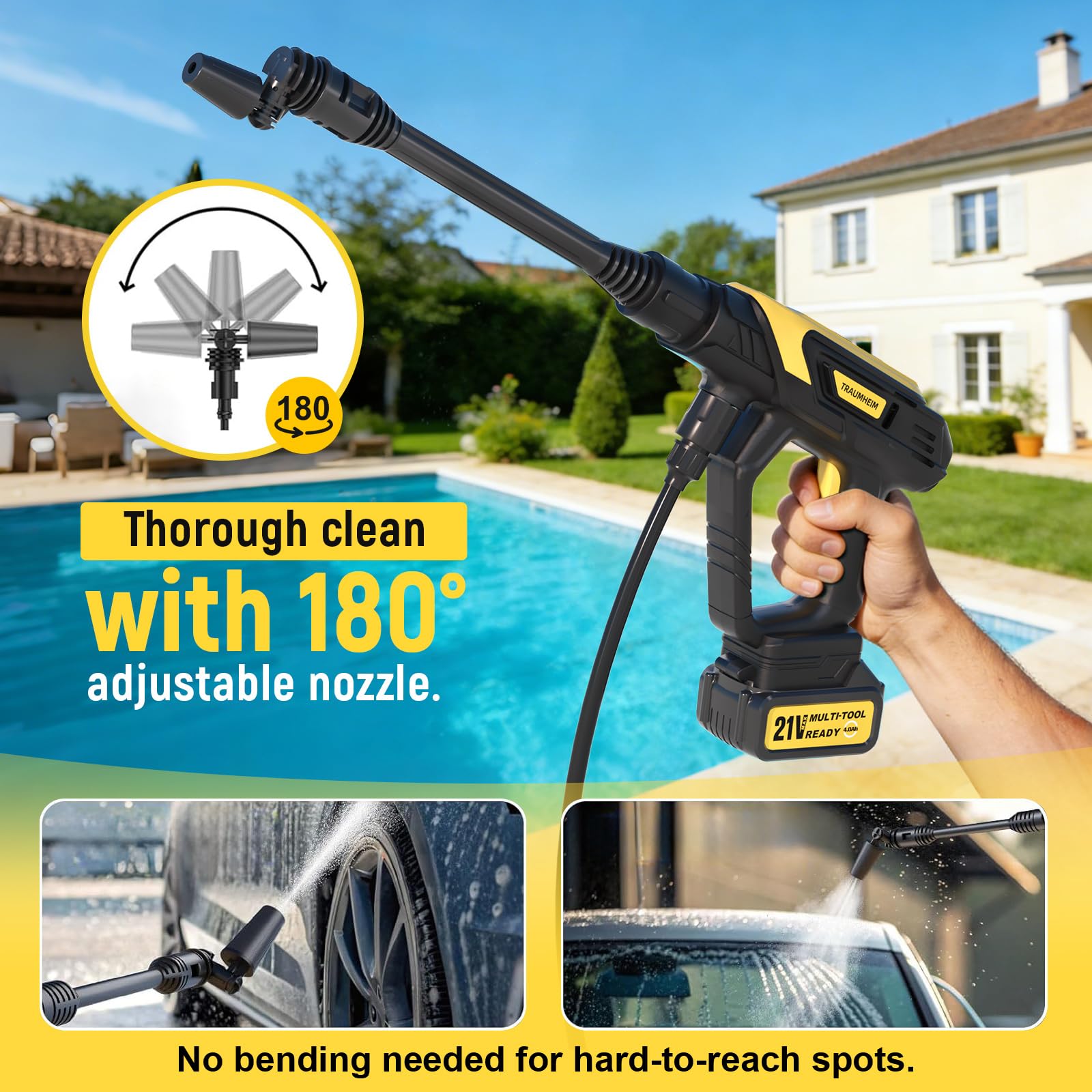 Hidrolimpiadora de Alta Presion 21V/68Bar/990PSI - 2X Batería 4000mAh - Set Completo 17 Piezas - Limpiadora Portátil Multiusos para Coche, Terraza, Jardín