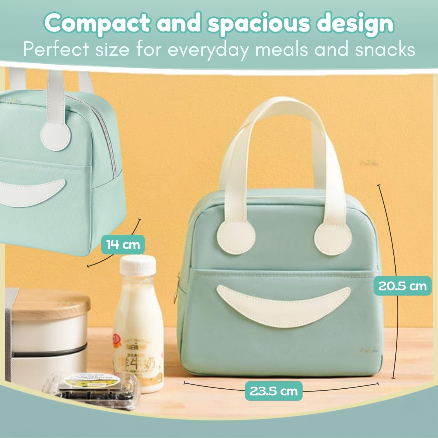 Toy Imagine 6.5L Insulated Lunch Bag for Kids Office School Men Women Smiley Face Tiffin Bag Snack Tote Bag Compact Portable Leak Proof Tiffin Pouch Hot and Cold Lunch Box Bag for Boys & Girls(Green)