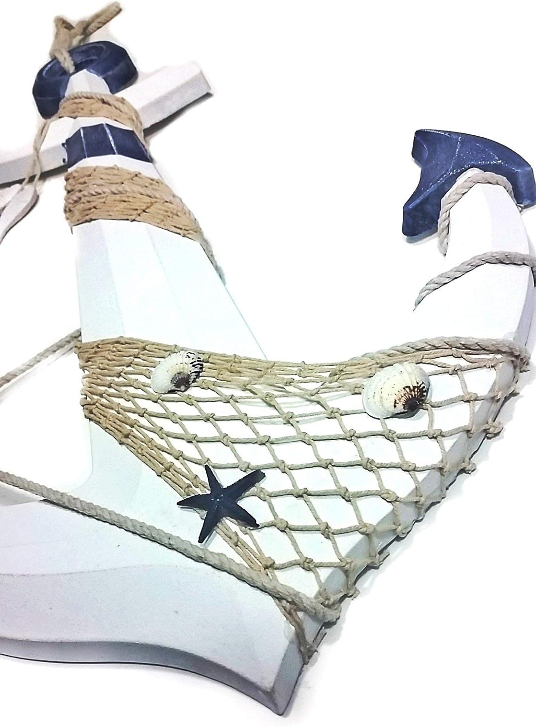 Bellaa 25167 Wood Anchor Nautical Wall Art Crossbar Fish Net Rope Ocean Designs Captain Sailors Fisherman Hanging Beach Home Decor 23 Inch white