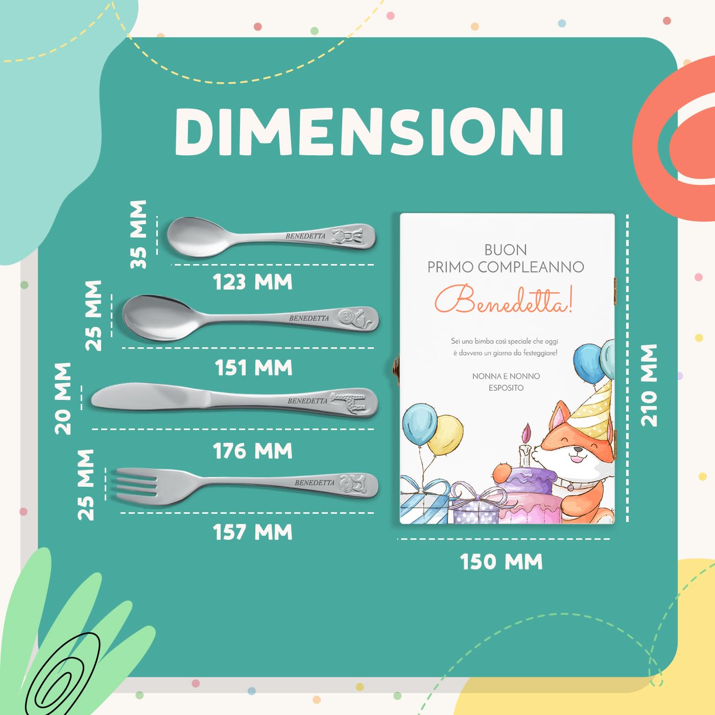 Maverton Set di 4 posate per bambini con incisione + scatola in legno con stampa personalizzata - motivo animali - idee regalo per battesimo bimba - palloncini
