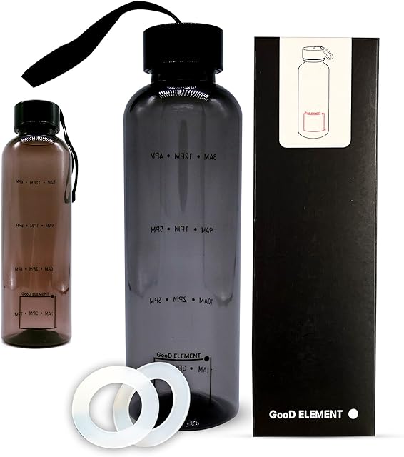 GooD ELEMENT,Leakproof water bottle,BPA free,Water bottle 500ml, Aesthetic water bottle, Simple modern water bottle,Water bottle with time markings, Black water bottle