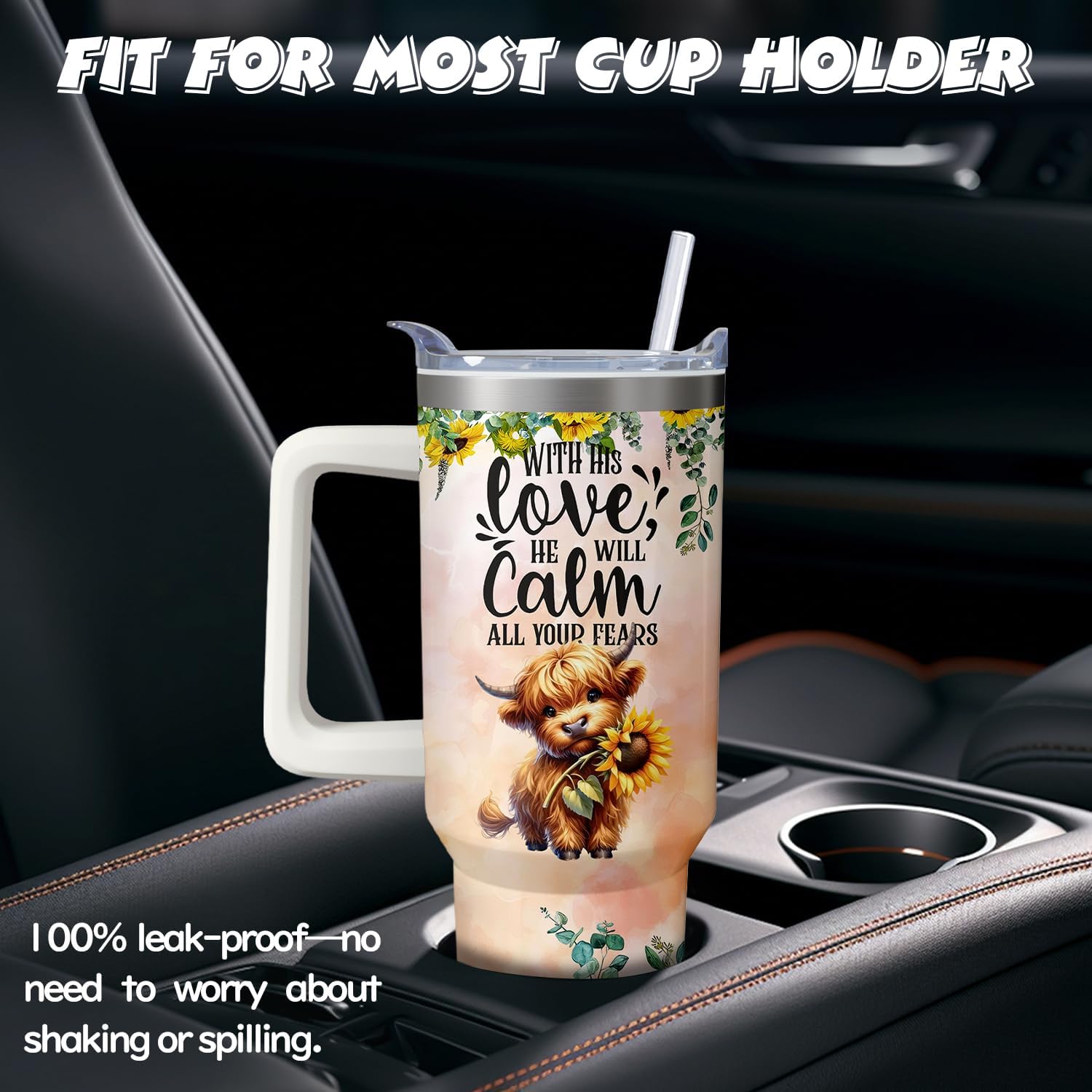 40oz Cute Highland Cow Tumbler with Handle and Straw, Animal Lovers Gifts for Women Men, Sunflower Stainless Steel Travel Mug Water Bottle, Vacuum Insulated Cup with Lid image 5