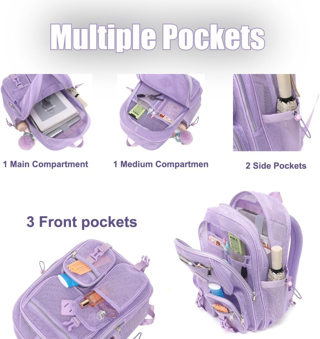 Mesh Backpack for Girls Boys, Heavy Duty Semi-Transparent Mesh Bookbag Womens Mens Mesh Backpacks for School, Sports, Beach, Swimming, Travel Purple - Image 3