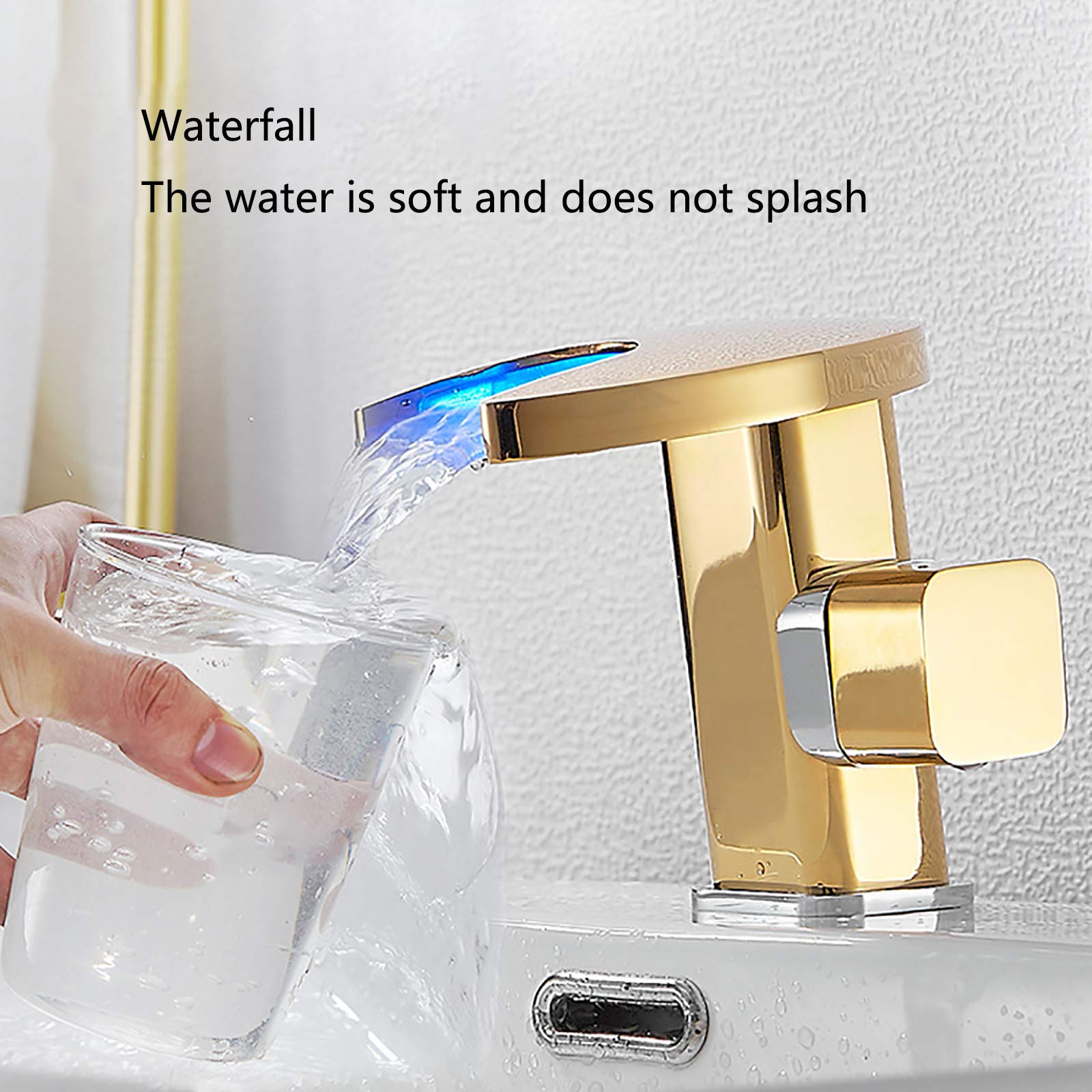 LED Mitigeur Lavabo Cascade, Robinet Salle de Bain en Laiton Robinet Lavabo Monocommande Robinetterie Vasque, Robinet Vasque avec Eau Chaude et Froide,d'or