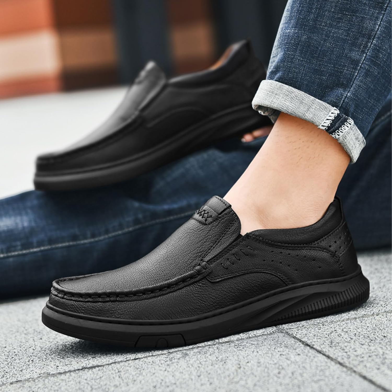 Men's Leather Slip-On Dress Casual Shoes,Trendy Comfort Breathable Hand-Stitching Non-Slip Driving Walking Loafers - Image 3