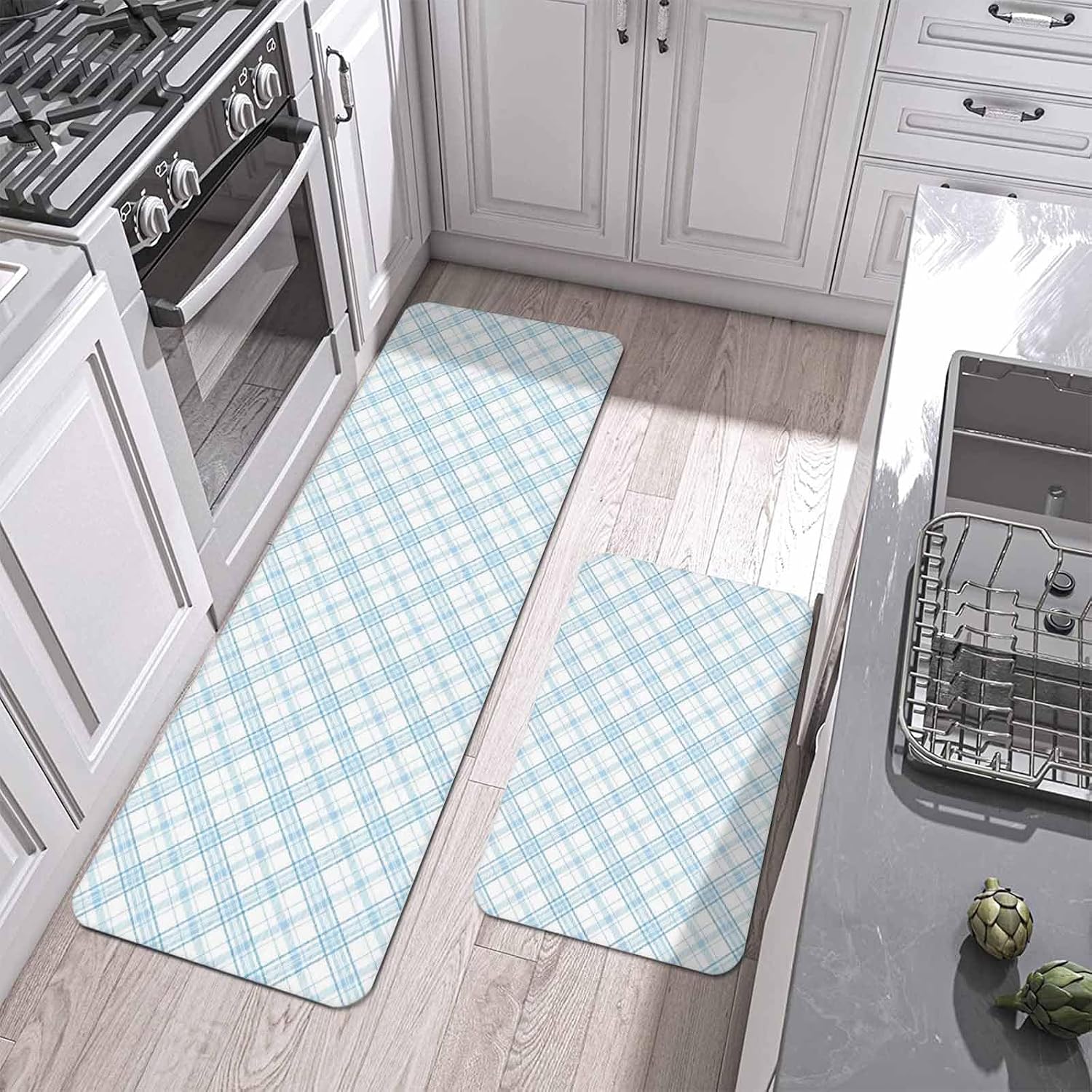 Light Blue White Checkered Kitchen Mat Set 2 Pieces Modern Minimalist Watercolor Country Farm Non Slip Kitchen Rugs Washable Runner Rug Mats for Sink Laundry (19.7" x 31.5"+19.7" x 47.2")