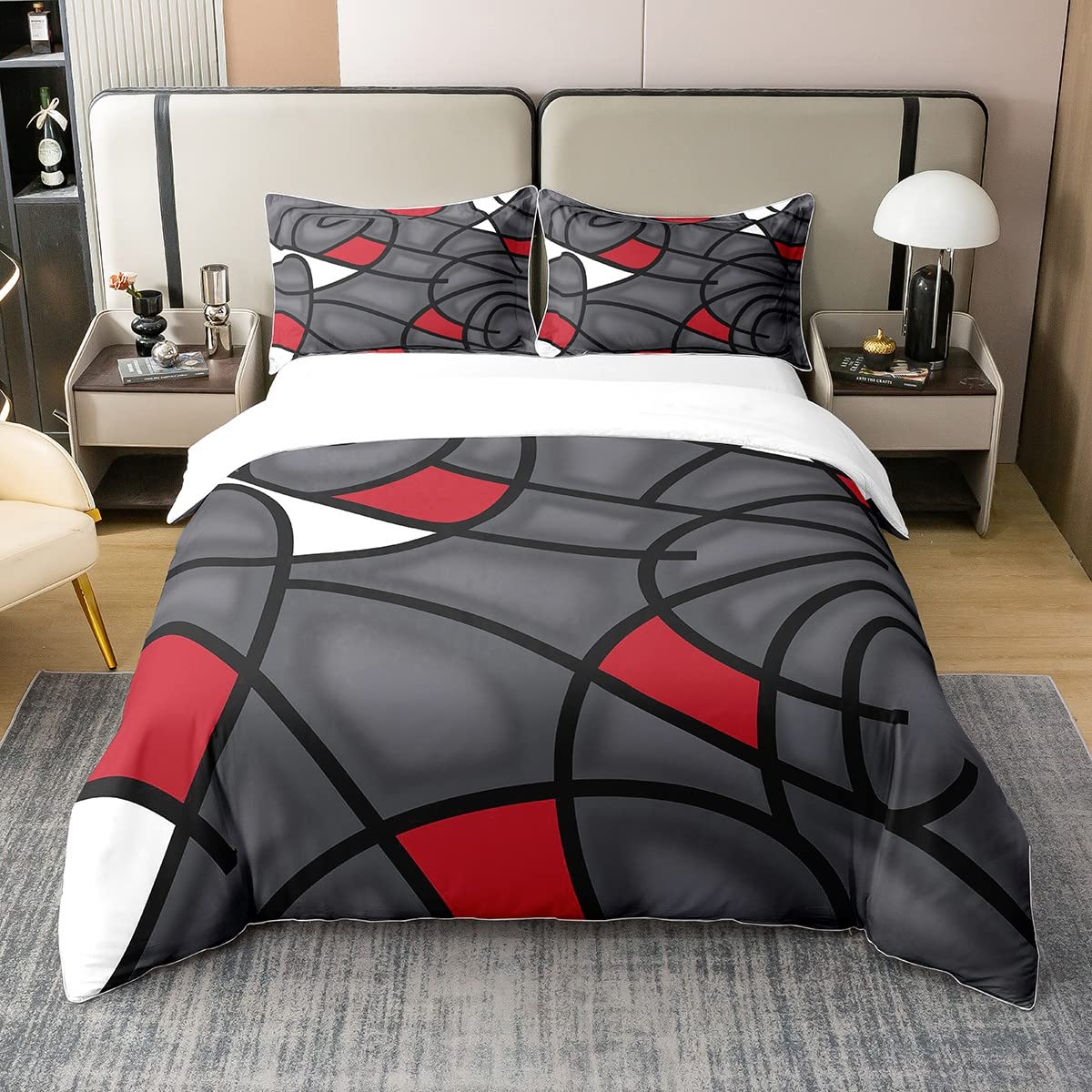 Parure de lit géométrique coton 1 personne housse couette noire rouge