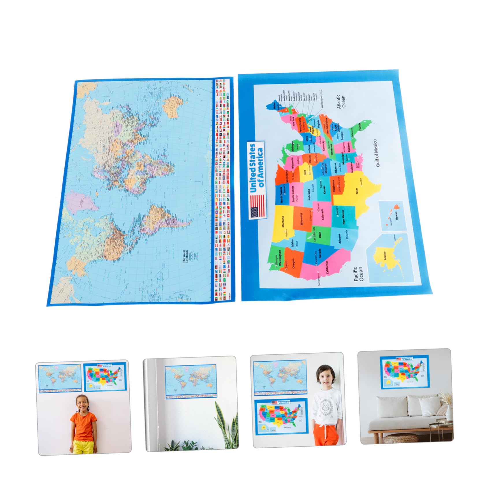 Veemoon Poster Educativo Mappa Del Mondo e Stati Uniti 40x60 Cm Set 2 Pezzi