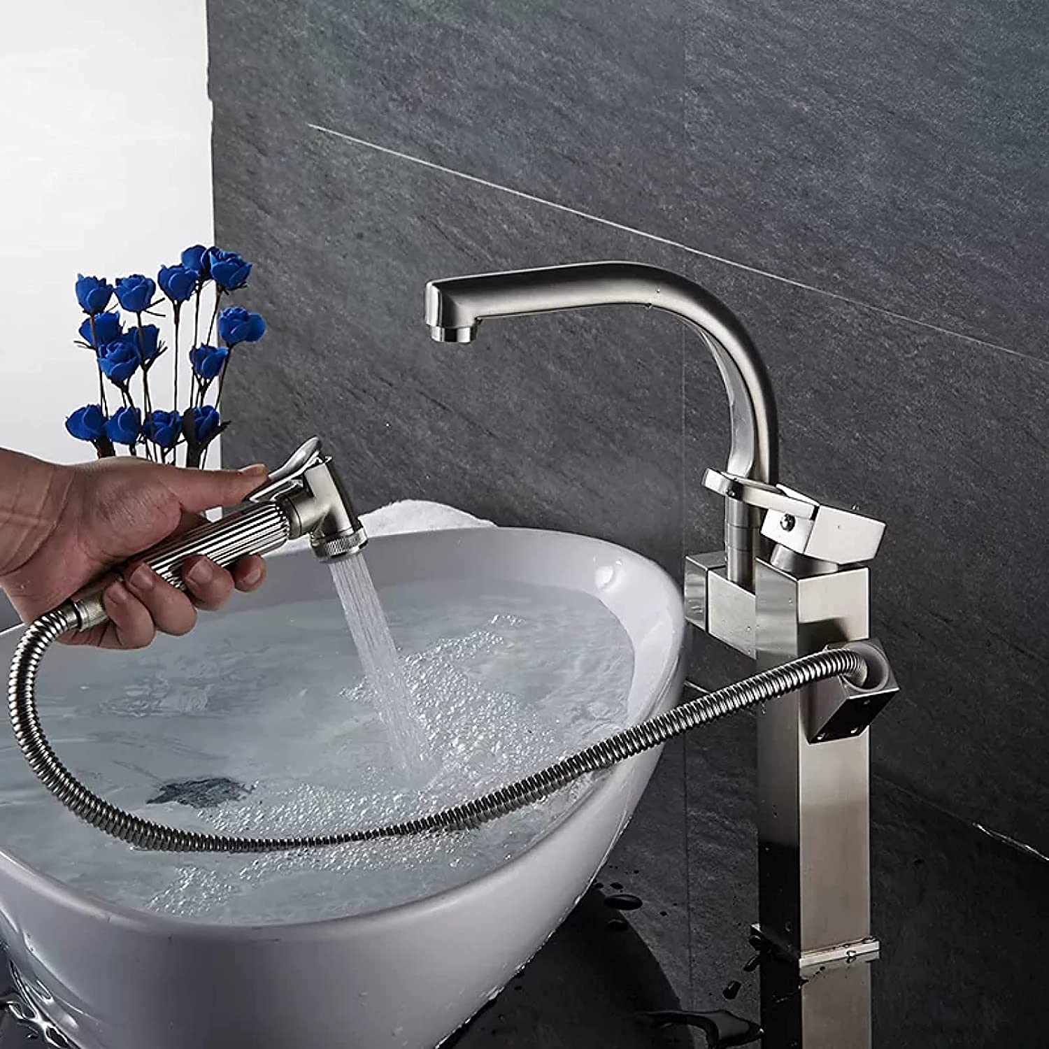 Mitigeur de cuisine à double bec rétractable robinet monotrou fini chrome poli