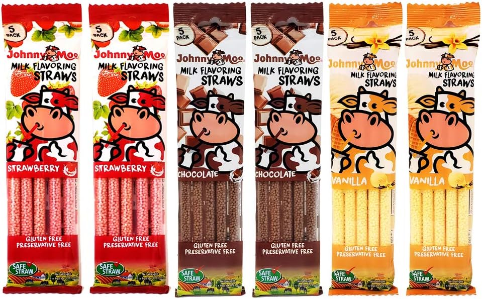 Johnny Moo Delicious Quick Milk Flavoring Straw Variety Pack - Chocolate, Strawberry, Vanilla [6 packs of 5]