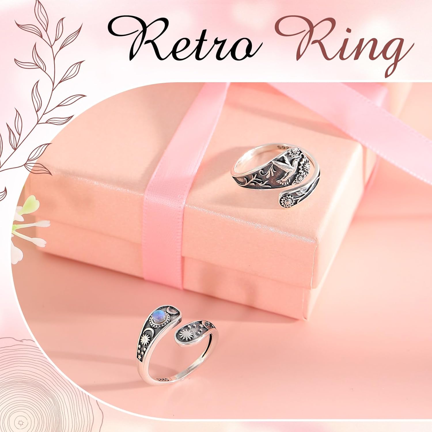 Landical 2 Pcs S925 Silver Spoon Ring Vintage Hummingbird Turquoise Victorian Style Adjustable Ring Antique Floral Oxidized Wrap Thumb Rings Jewelry Gifts for Women - Image 4