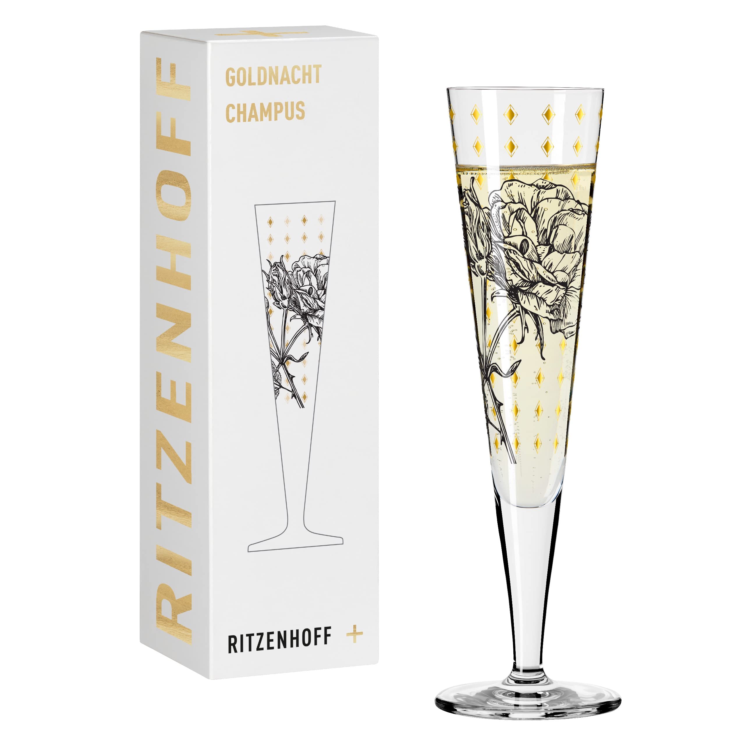RITZENHOFF 1071030 Champagne Glass 200 ml - Goldnacht No. 30 Series - Rose Garden Motif with Real Gold - Made in Germany