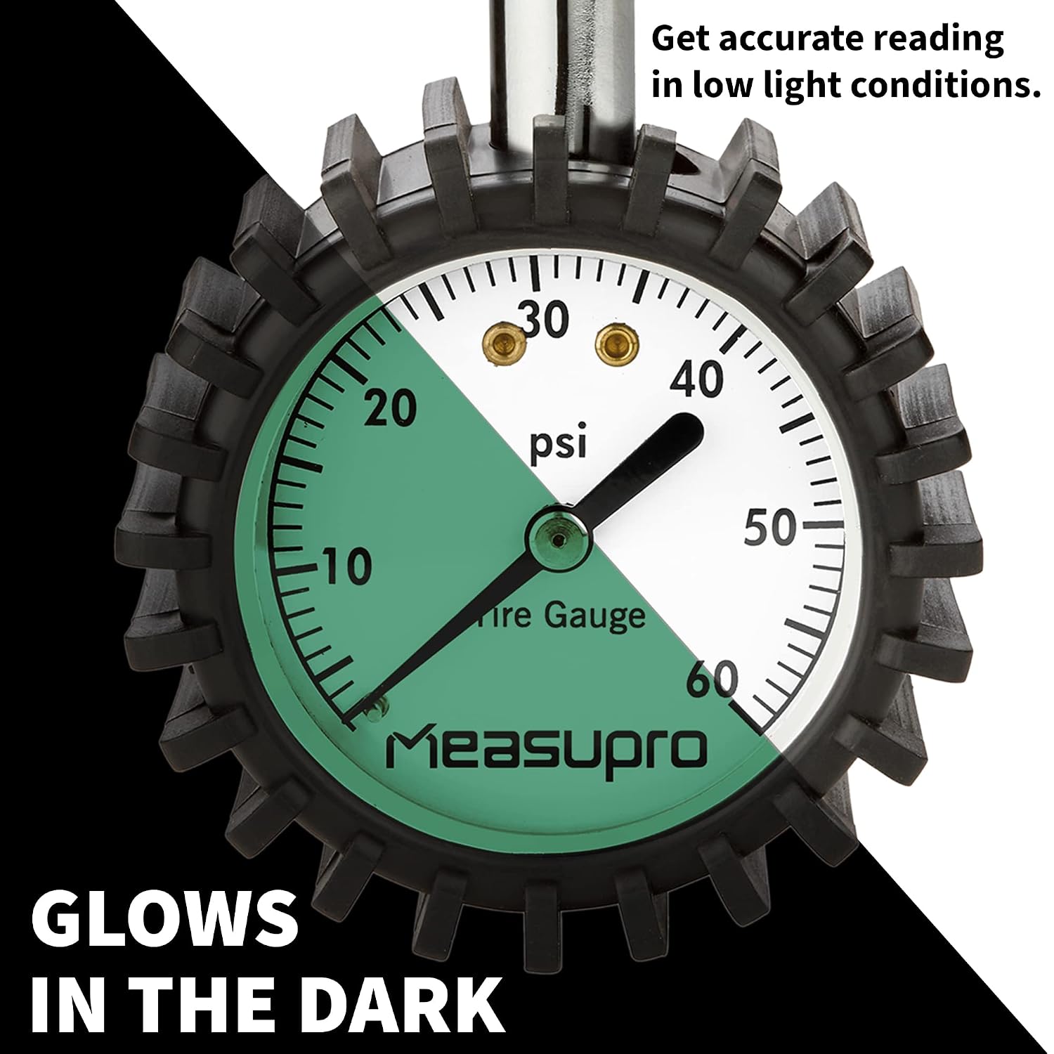 Analog Tire Gauge with Easy Read Glow in Dark Large Scale Dial - 0-60 PSI Heavy Duty Air Pressure Gauge with Air Release Valve for Cars, Trucks, Motorcycles, Bikes - Certified ANSI Accurate