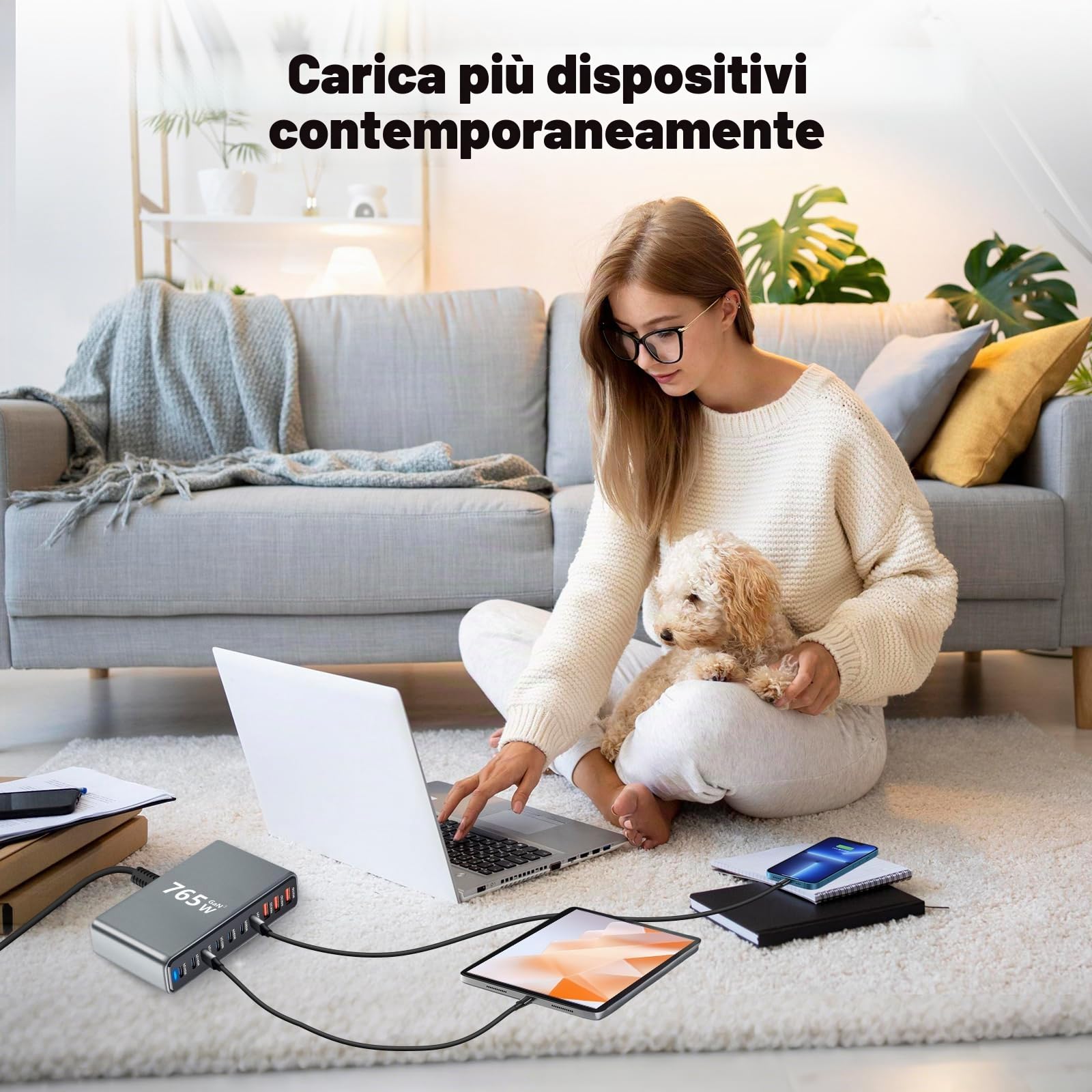 765W Caricatore USB Multiplo - 10 Porte (7 USB-C + 3 USB-A) con Ricarica Rapida, Stazione di Ricarica Compatta per Multi Dispositivi, Compatibile con MacBook, iPad, iPhone 16/15/14, Galaxy S22/S20