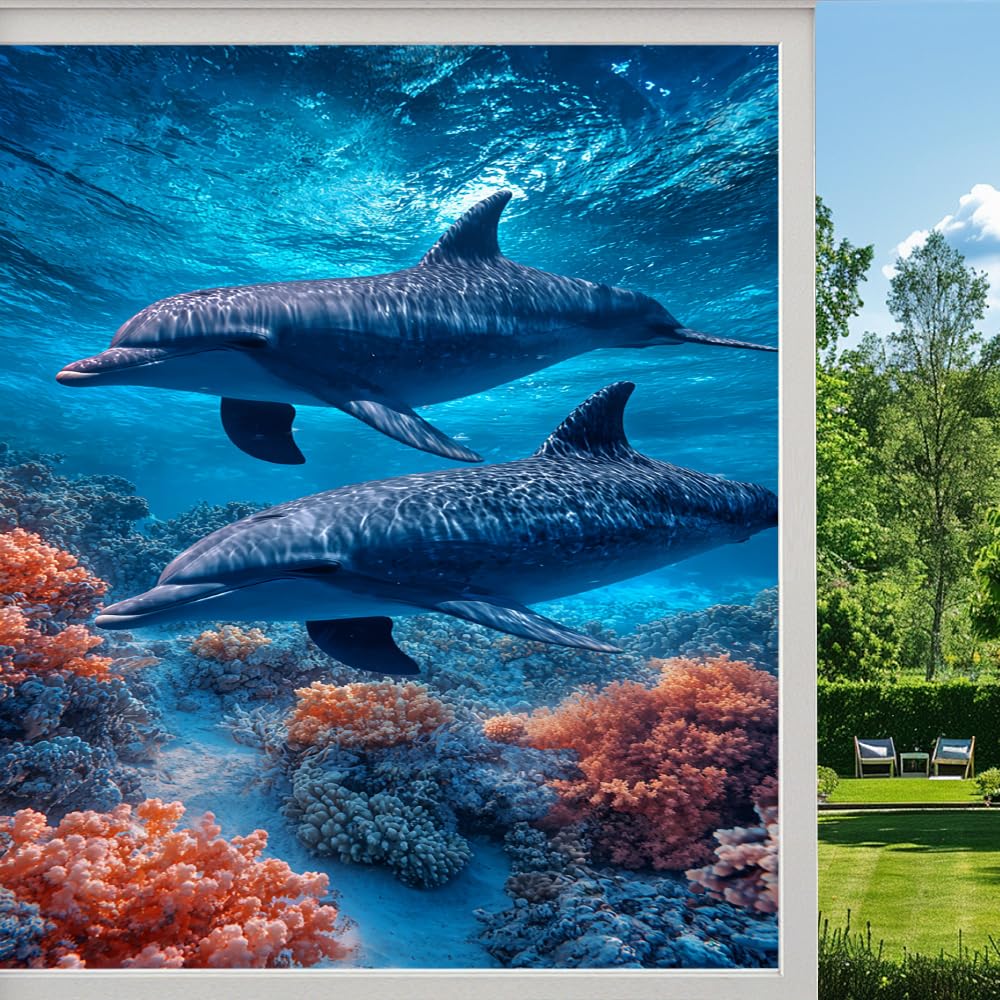 Blue Underwater Frosted Window Film, Tropical Coastal Dolphins Stained Glass Privacy Film, Heat Insulation Self-Adhesive Vinyl for Bathroom Office, （55x120cm）