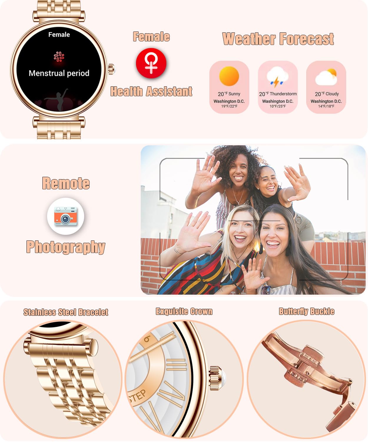 Or Rose Smartwatch pour Femmes Écran Couleur 1,27 Tracker d’Activité Étanche, Moniteur de Fréquence Cardiaque et Sommeil, Compatible Android et iOS (Or Rose)