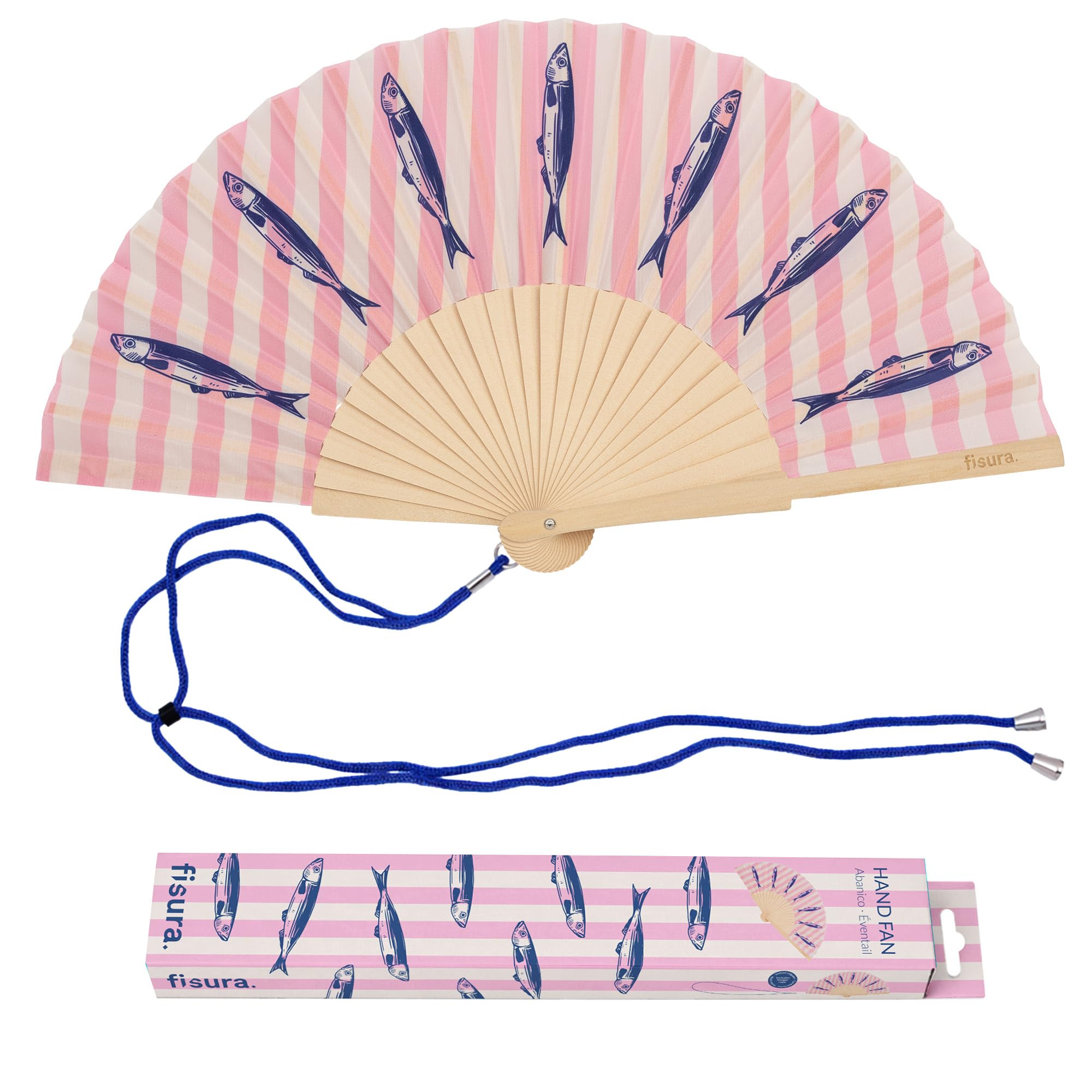 Fisura – Original Folding Fan with Sardine Print, Modern and Colourful Folding Handheld Fan, Pink Design for Wedding, Rave, Festival -Includes Strap. Size: 42.5 x 23 cm