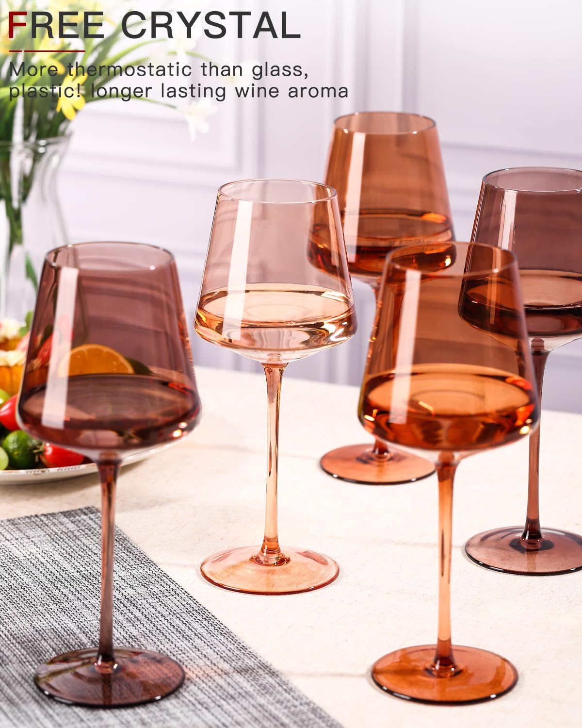 Brown Wine Glasses Set of 6-18oz【Hand Blown】 Colored Wine Glasses with Tall Long Stems and Flat Bottom, Amber Colored Glassware-Unique Gifts for Wine Lovers-Wedding Gifts - Image 6