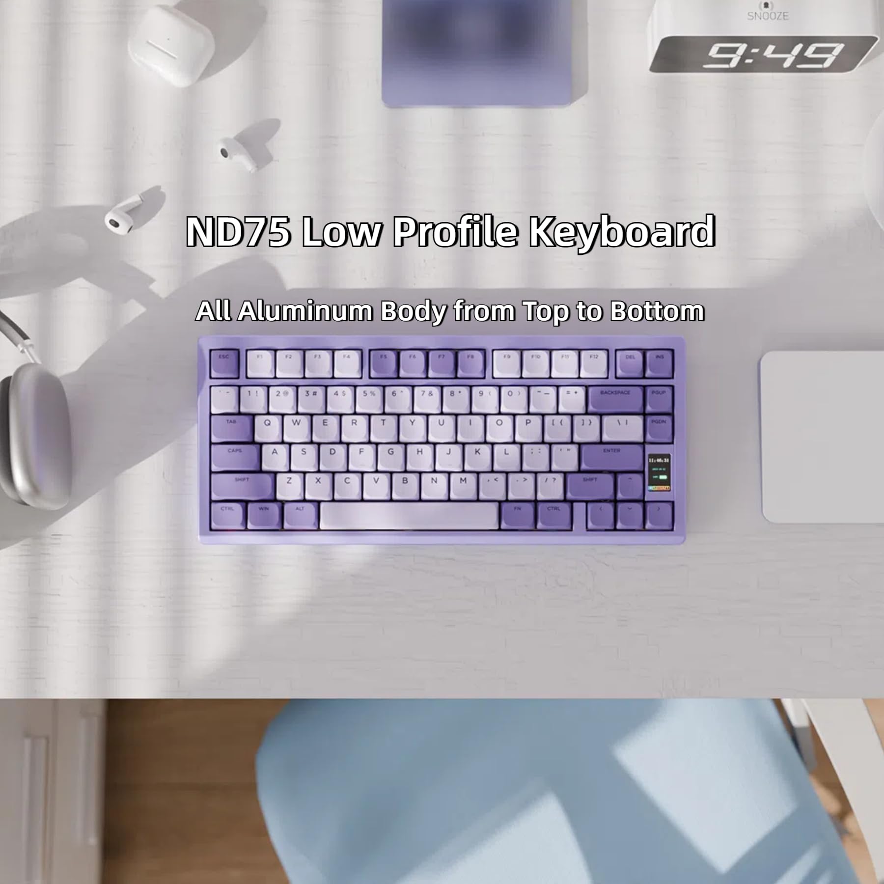 Chilkey ND75 LP Tastiera meccanica a basso profilo in alluminio, 75% tastiera da gioco wireless con schermo, modalità tripla, smontaggio rapido, tastiera retroilluminata RGB per laptop e PC da ufficio