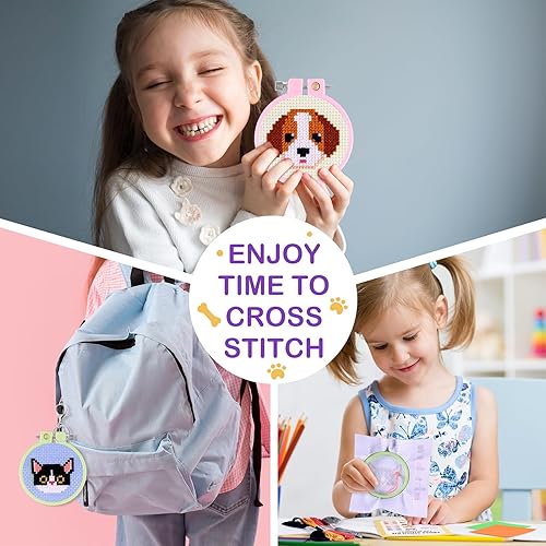 Miniatura 6 de Caydo 5 kits de punto de cruz para niños con patrones de gatos y perros, kits de punto de cruz estampados para principiantes, llavero, dijes de