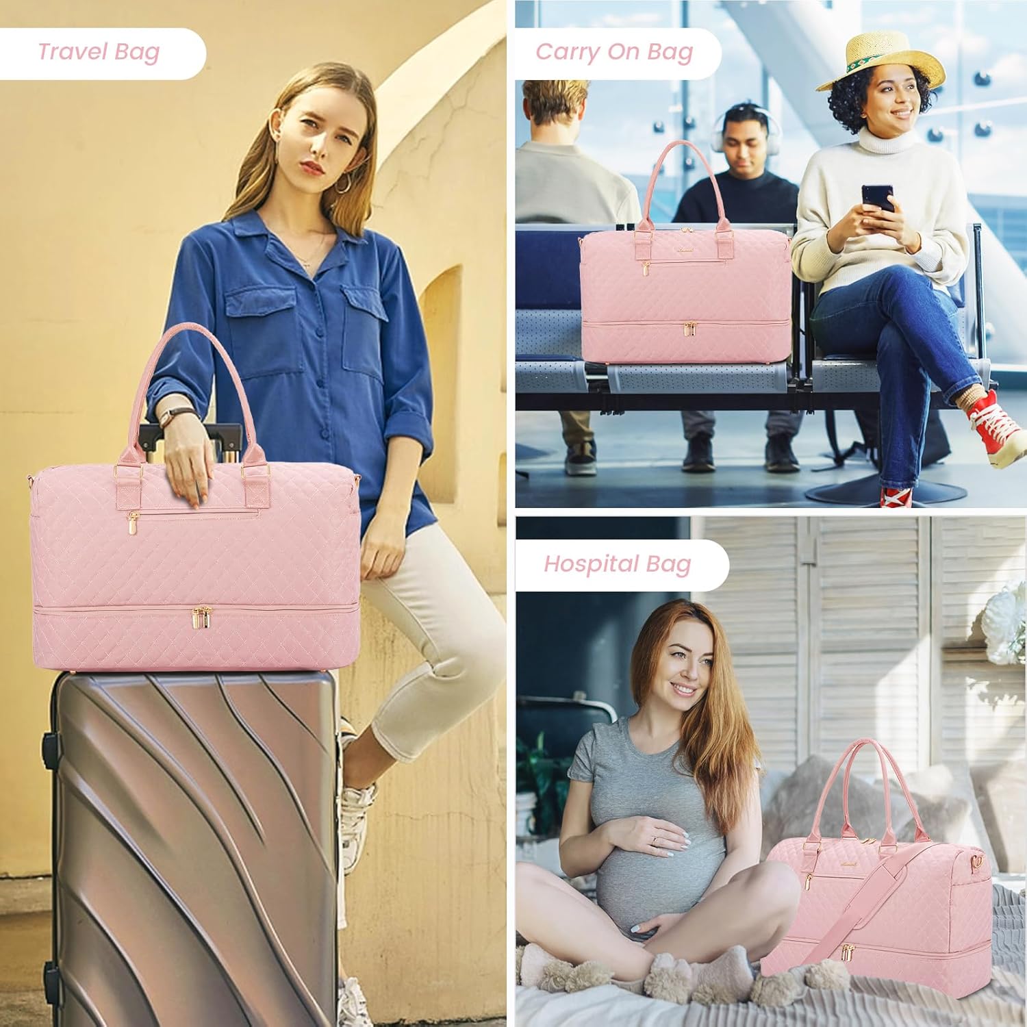 LOVEVOOK Travel Duffle Bag for Women, Weekender Overnight Bag with Shoe Compartment, Carry on Bag with Toiletry Bag, Gym Duffel Bag with Wet Pocket, Hospital Bags for Labor and Delivery 3 Pcs Set - Image 6