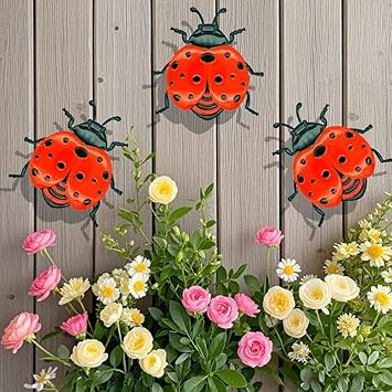 3 Pack Metal Garden Yard Art Decorative Ladybugs Outside Sculptures,Cute Ladybugs Yard Art Lawn Ornaments Wall Sculptures & Statues Outdoor Fence Decorations for Patio Backyard Red