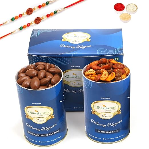 Ghasitaram Gifts Rakhi Gifts for Brothers Chocolate Almonds and Mix Dryfruits Cans with 2 Rudraksh Rakhis