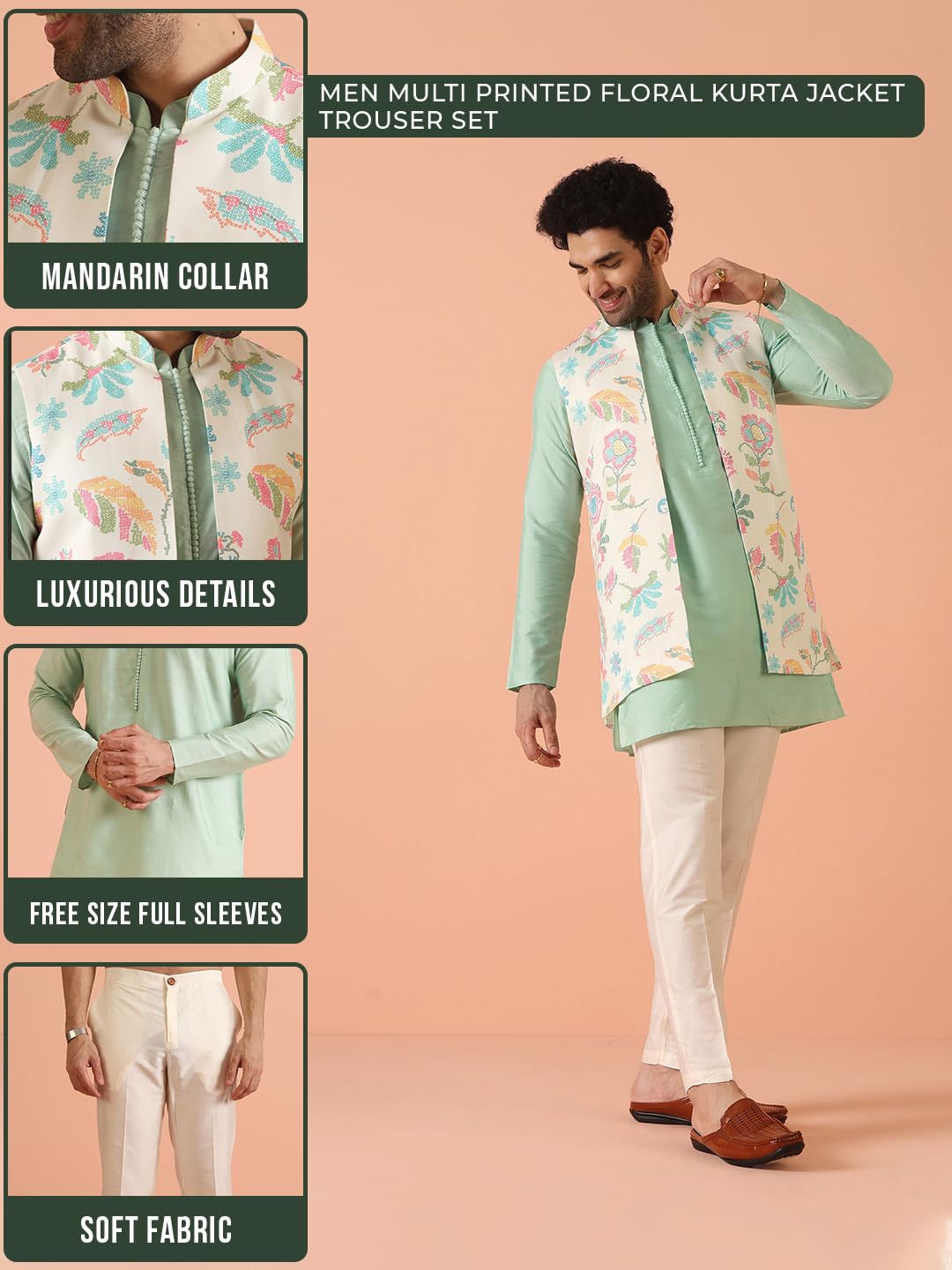 Kisah Cotton Blend Kurta Jacket Trouser Set For Men | Nehru Jacket Waistcoat Kurta Set With Trousers | Mens Ethnic Collections-Ka-0975-5574-T301-44-Multi