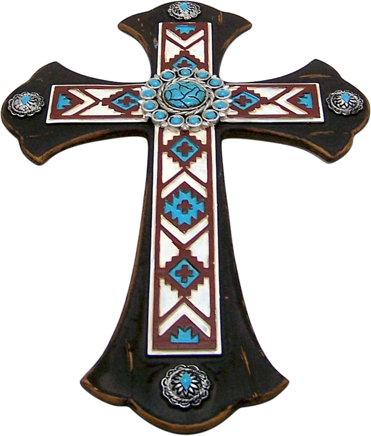 Wowser Southwest Wall Cross Featuring a Brown and Turquoise Patterned Design, 12 1/4 Inches